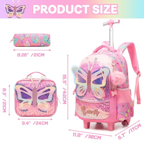 Meetbelify Rolling Backpack for Girls Backpacks with Wheels for Elementary Preschool Students 3 in 1 Carry on Travel Luggage Kids Suitcase with Lunch Box Pencil Case for Girls Age 8-10 - color: Butterfly 02