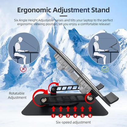 Cooling Stand with Dual Turbo Fans for 12-15.6 inch Laptops, Adjustable Height & 360° Rotating, Aluminum Notebook Riser – Upgrade from Single Fan Version (Space Silver)