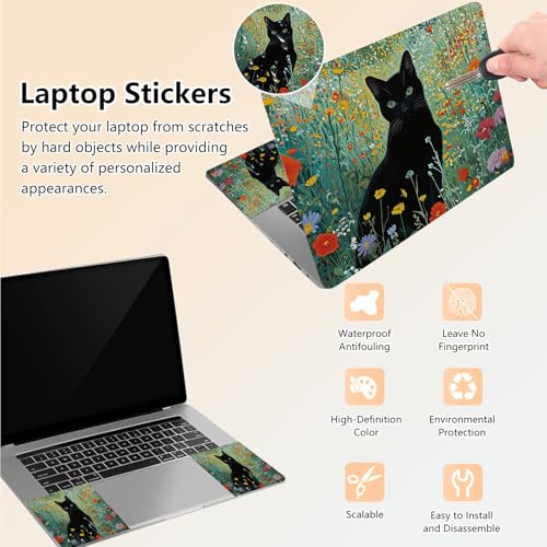 Laptop Skin Sticker Decal 15.6 Inch,12 13 13.3 14 15 15.6 in Laptop Netbook Skins for Notebook,Art Decal Removable Waterproof Scratch Resistant,Universal Vinyl Cover,Black Cat Wildflower - color: Black Cat Wildflower