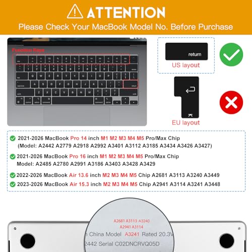 CaseBuy Keyboard Cover for 2026-2022 MacBook Air 13.6/15 Inch M5 M4 M3 M2 A3449 A3448 A3240 A2941 A3114, MacBook Pro 14" 16" M5-M1 Pro/Max A3426 A3427 A3434 A2992 A2918 A3428 A3429 A2991, Black - color: Black, size: MacBook Pro 14/16 Inch