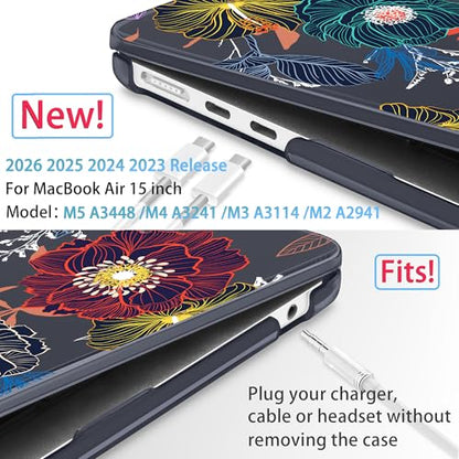 Mektron for 2026/2025/2024/2023 MacBook Air 15 INCH M5 A3448 /M4 A3241 /M3 A3114 /M2 A2941 Case, Printed Plastic Hard Shell Cover with 15.3" Liquid Retina Display Touch ID, Dahlia Flowers - color: Dahlia Flowers