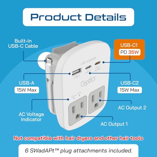 Ceptics 35W Universal Travel Adapter Kit – 2 USA sockets, USB-A, USBC, 1x PD 35W USB-C and USBC Cable, Surge Protected, Plugs for EU, UK, China, AU, Japan - for Laptop, Phone, Camera-ETL Tested - color: Beige