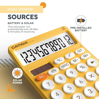 CATIGA 12 Digit Desktop Calculator Basic Desk Calculator with Large LCD Display, Big Buttons, 4 Function, Solar and Battery Dual Power, for Office, School, Home, SD-1292 Yellow - color: 9) Yellow
