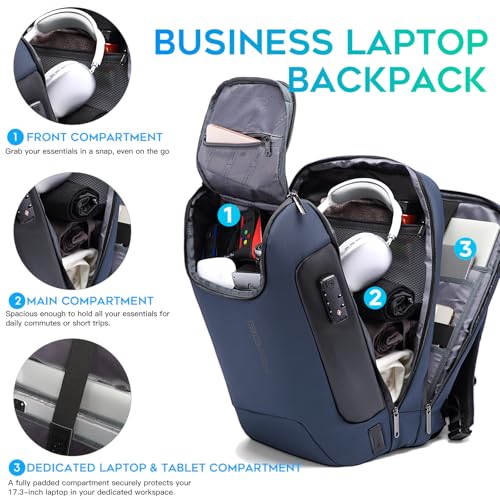 BANGE 17.3 Inch Business Laptop Backpack: Anti-Theft with USB Port & TSA Lock, Waterproof Zippers, Large Travel Commuter Bag - color: Blue, size: lock and usb