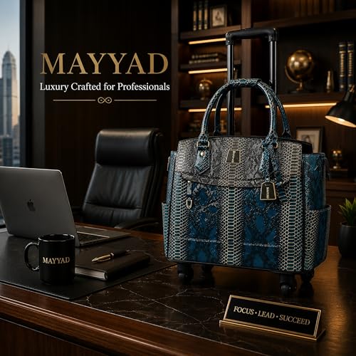 Rolling Laptop Bag for Women with Wheels & Handle Luxury Pure Leather Embossed Work Bag with Laptop Sleeve Travel Briefcase - color: Teal & Shadow