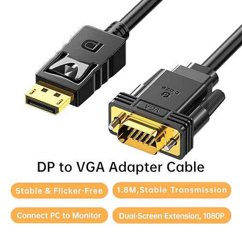 DisplayPort to VGA Cable 6ft, 1.8m DP to VGA Male-to-Male Adapter, 1080P HD Video Converter Cord for Laptop, PC to Monitor, Projector, Display