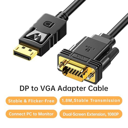 DisplayPort to VGA Cable 6ft, 1.8m DP to VGA Male-to-Male Adapter, 1080P HD Video Converter Cord for Laptop, PC to Monitor, Projector, Display