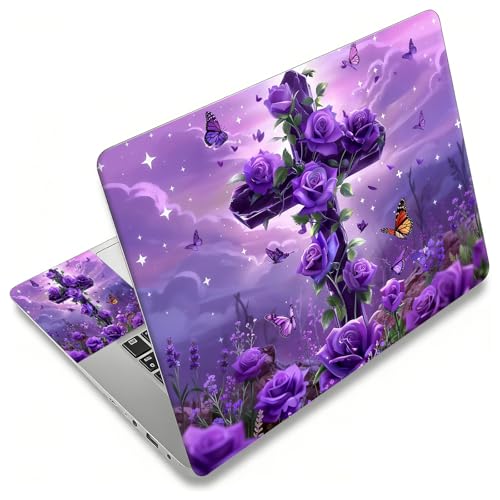 Laptop Skin Sticker Decal, Universal Reusable Vinyl Laptop Cover for 12" 13" 13.3" 14" 15" 15.4" 15.6" Notebook PC, Reusable Waterproof Scratch-Resistant with 2 Wrist Pads,Cross Purple Rose - color: Cross Purple Rose