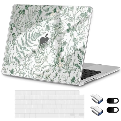 for MacBook Pro 14 inch Case 2025 M5 2024 M4 2023 Release– Fashionable Lightweight Floral Design Transparent HD Clear Laptop Shell, with TPU Keyboard Cover & OTG Adapters, Green Branches - color: Green branches