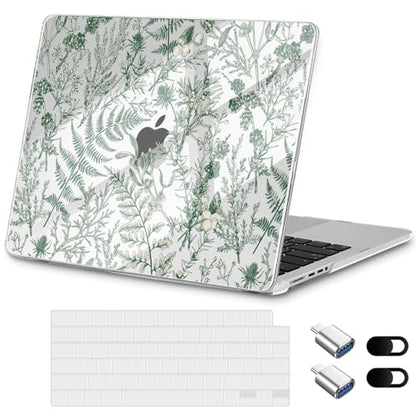 for MacBook Pro 14 inch Case 2025 M5 2024 M4 2023 Release– Fashionable Lightweight Floral Design Transparent HD Clear Laptop Shell, with TPU Keyboard Cover & OTG Adapters, Green Branches - color: Green branches