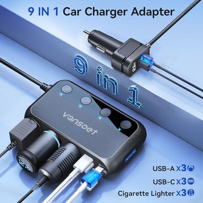 158W Cigarette Lighter Splitter 9 in 1 Car Cigarette Lighter with 3 Socket Multi Port Dual PD30W and 3 USB-A QC3.0, Cigarette Lighter Adapter for Car Truck, Ipad, Phone