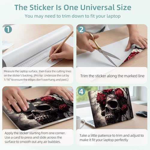 Universal Laptop Skin Decal, 3-Piece Vinyl Protector for 12 13 14 15.6" Notebook, Waterproof Anti-Scratch, Easy Trim & Bubble-Free Finish, Skull with Red Roses on Head - color: Skull with Red Roses on Head