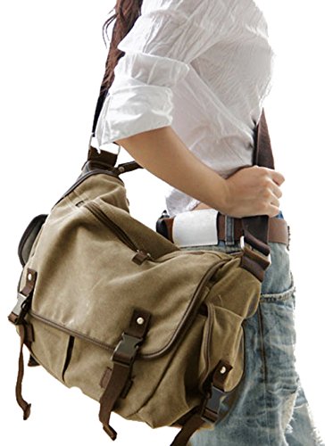 [Upgraded] Vintage Canvas Messenger Bag 13 15.6 17 inches Large Book Laptop Shoulder Bag Women Men New (Beige, Large) - color: Beige, size: Large