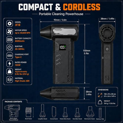 2-in-1 Compressed Air Duster & Vacuum, 130000RPM Powerful Motor, 8000mAh Battery, Turbo Mode, Mini Cordless Car Vacuum Cleaner, Turbo Jet Handheld Blower, for PC, Car Cleaning