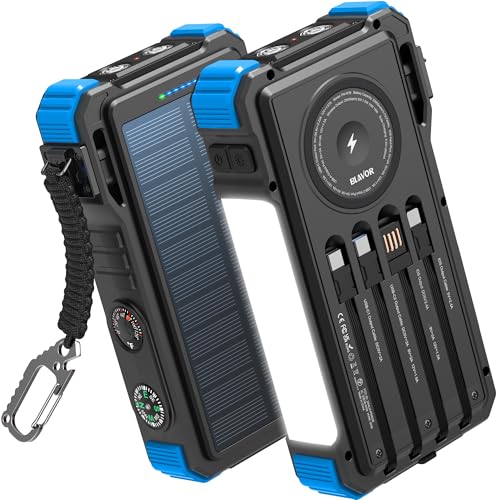 BLAVOR Solar Power Bank 20000mAh Built-in Cables, Wireless Charger for Phones & Apple Watch, 20W Fast Charging Battery Pack with USB C, Flashlight, Solar Charger for iPhone, iPad, iWatch, Samsung - color: Blue
