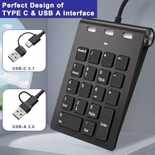 USB C Wired Number Pad, USB Numeric Keypad with 3 USB 2.0 Ports, 18 Key Number Pad Portable Slim Mini Keyboard for Laptop/Desktop/ Surface/ iPad, USB Number Keypad for Windows/MacOS/Chrome OS, Black
