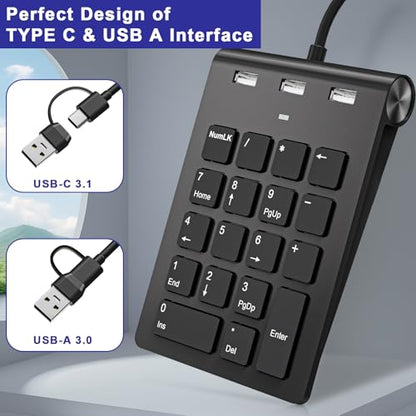 USB C Wired Number Pad, USB Numeric Keypad with 3 USB 2.0 Ports, 18 Key Number Pad Portable Slim Mini Keyboard for Laptop/Desktop/ Surface/ iPad, USB Number Keypad for Windows/MacOS/Chrome OS, Black
