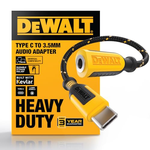 DEWALT Aux to USB C Adapter – 3.5mm to USB C Audio Headphone Jack Dongle with DAC Chip, CTIA Compatible, Kevlar-Reinforced Cable for iPhone 17 16 15, Samsung Galaxy, iPad & MacBook
