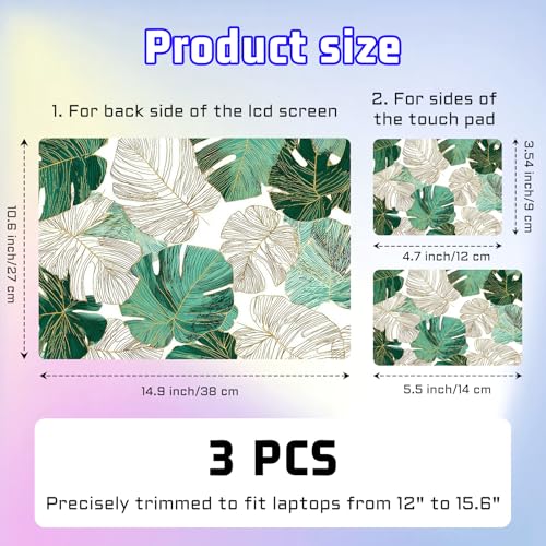 Universal Laptop Skin Sticker Decal, Compatible with MacBook HP Dell Lenovo 12"-15.6", Reusable Vinyl Notebook Cover 3PCS Set, High-Recognition Film-Gold & Green Monstera Leaves - color: Gold & Green Monstera Leaves