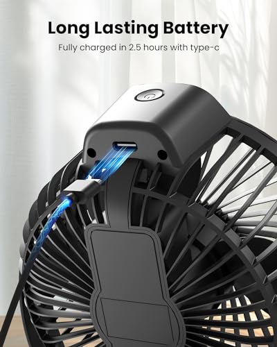 Koonie Portable Clip On Fan, Small Rechargeable Battery Operated, 3 Speeds | Mini Clamp Fan With LED Display, 360° Rotate Personal Cooling Desk Fan for Stroller Bed Travel Camping Golf Gym - color: black