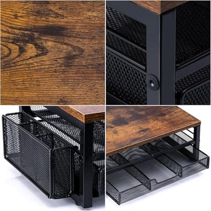 Monitor Riser with Drawers and Pen Holders | Wood & Mesh Metal Computer Monitor Stand with Storage for Desk, Rustic Brown