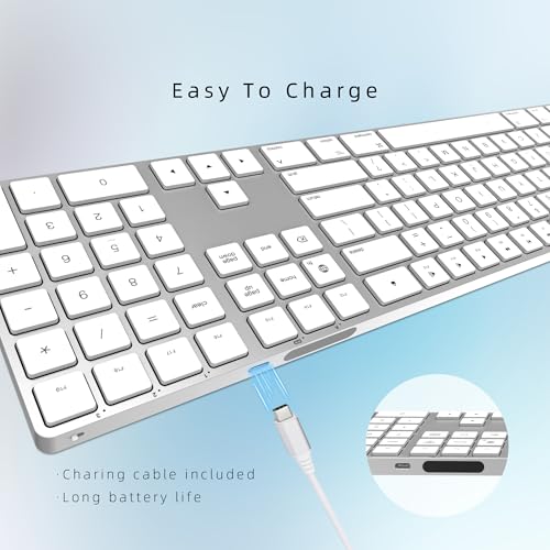 Bluetooth Slim Keyboard for Mac, Aluminum Rechargeable Keyboard Wireless, Low-Profile Silent Flat Key Compatible with Apple iMac, MacBook, Mac and iOS, Full Size - Silver White - color: Silver white
