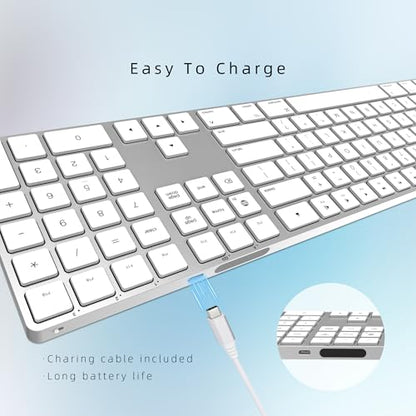 Bluetooth Slim Keyboard for Mac, Aluminum Rechargeable Keyboard Wireless, Low-Profile Silent Flat Key Compatible with Apple iMac, MacBook, Mac and iOS, Full Size - Silver White - color: Silver white