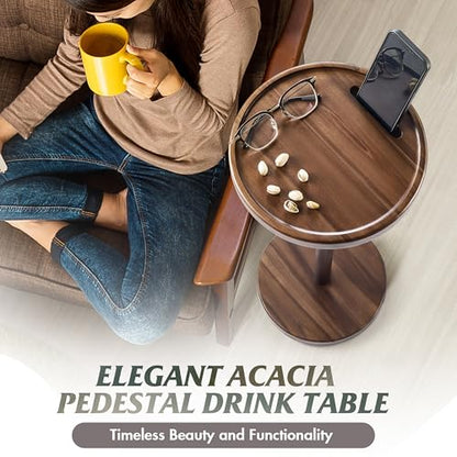 BLUEWEST 24.4 in Tall Compact Drink Table, Flat Top, Weighted Base, Walnut | Durable Pedestal Accent Table for Living Rooms, Bedrooms or Offices, with a Compact Design for Cocktails and Everyday Drinks. - color: Large Walnut