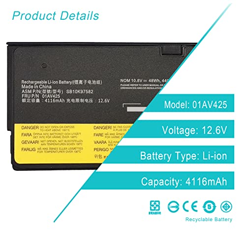 11.4V 61+ 61 T580 T570 P52S T470 01AV423 01AV452 for Lenovo ThinkPad T570 T580 A475 T470 T480 P51S P52S TP25 Series 61 01AV422 01AV424 SB10K97580 A485 6-Cell 48Wh - size: 9.09 x 2.56 x 1.65 inches T580 BATTERY