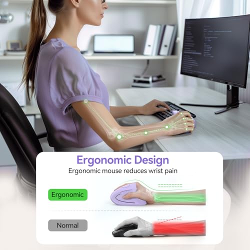 TECKNET Wireless Ergonomic Mouse, Rechargeable Wireless Vertical Mouse | Rechargeable Mouse Purple, 2.4GHz USB Receiver, Silent Click, 6 Adjustable DPI up to 4800, 6 Buttons for Laptop, PC & MacBook - color: Purple