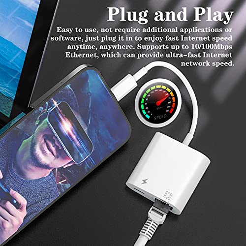 Apple MFi Certified Lightning to Ethernet Adapter - 2 in 1 RJ45 Ethernet LAN Network Adapter with Charge Port for iPhone/iPad/iPod, Plug and Play, Supports 100Mbps Network | Apple MFi Certified, RJ45 Ethernet Adapter with Charge Port for iPhone/iPad/iPod,