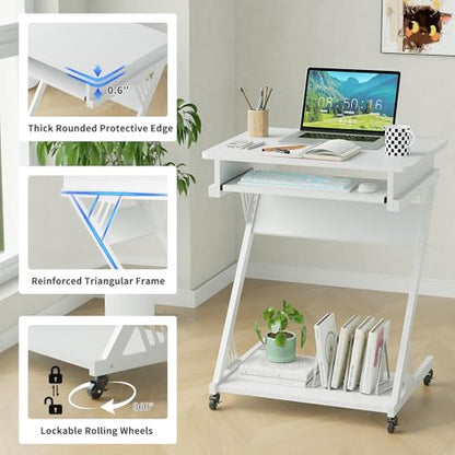 ALISENED Computer Desk for Small Spaces Compact Desk with Keyboard Tray | 23.6" Z-Shaped, with Wheels and Bottom Shelves, for Home Office, Computer Cart Mobile Laptop Cart, White - color: White