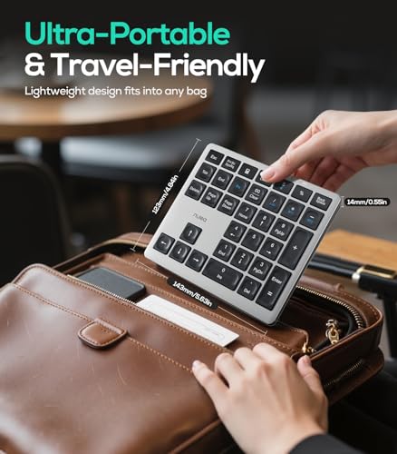 Nulea Wireless Number Pad Bluetooth 5.0 & 2.4G Portable Numeric Keyboard, USB-C Rechargeable, 34-Keys Bluetooth Keyboard for Data Entry, Compatible for Laptop, Mac, iMac, Tablet, PC Desktop | 34 Key Numeric Keypad with USB-C Charging, Portable Slim Design