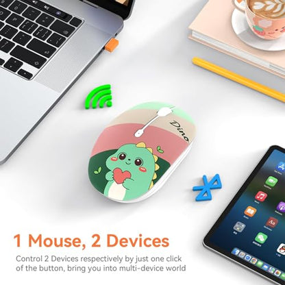 FMOUSE Cute Wireless Mouse, Bluetooth & 2.4GHz Dual Mode with USB Receiver, Silent Click, AA Battery Powered, for Kids Students Teen Girls, Compatible with Laptop Mac iPad PC (Cute Dino) - color: Cute Dino