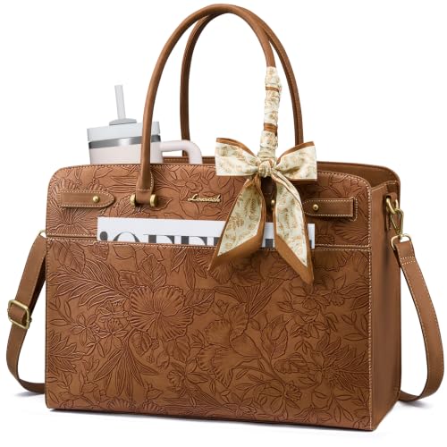 LOVEVOOK Laptop Tote Bag for Women, 15.6 Inch Large Faux Leather Work Bag Waterproof Briefcase Handbag for Teacher Business | Gift - color: Embossed Tan, size: 15.6 inch