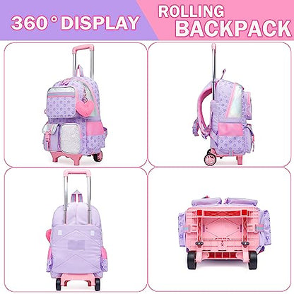 Meetbelify Backpack with Wheels for Girls Rolling Backpack Cute Carry on Backpack for Elementary Student - color: Purple