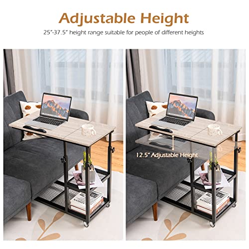 Tangkula Height Adjustable C Shaped End Table with Lockable Wheels, Mobile Couch Desk Table with Tiltable Table Top, Sofa Bedside Laptop Stand TV Tray with Storage Shelves, Snack Side Table - color: Natural