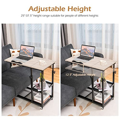 Tangkula Height Adjustable C Shaped End Table with Lockable Wheels, Mobile Couch Desk Table with Tiltable Table Top, Sofa Bedside Laptop Stand TV Tray with Storage Shelves, Snack Side Table - color: Natural