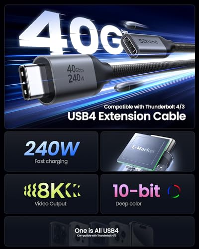 Silkland USB C Extension Cable 40Gbps, [240W Charging/8K/4K@240Hz] USB C Extender 5ft, Braided USB4 Extension Male to Female for Thunderbolt 4/USBC Hub/iPhone16/MacBook/iPad/Pixel/Dell XPS - size: 5 Feet