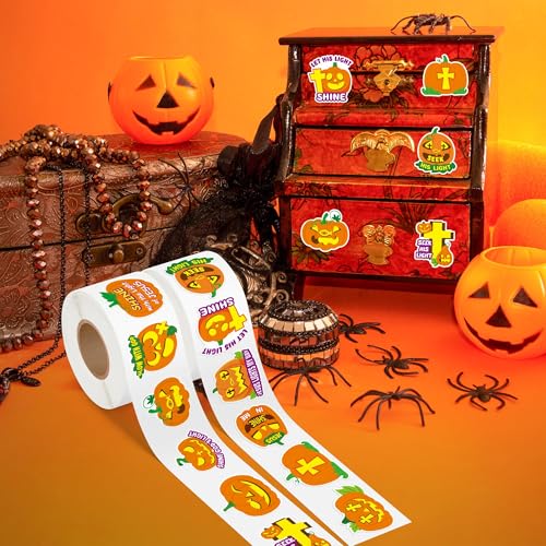 Haooryx Halloween Religious Sticker Rolls - 1000Pcs Religious Theme Pumpkin Bible Verse Stickers Self Adhesive Waterproof Vinyl Water Bottle Page Activity Pad Fall Halloween Party Favor Greeting Card - style: Religious Halloween Pumpkin 2Roll