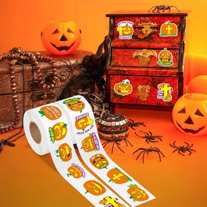 Haooryx Halloween Religious Sticker Rolls - 1000Pcs Religious Theme Pumpkin Bible Verse Stickers Self Adhesive Waterproof Vinyl Water Bottle Page Activity Pad Fall Halloween Party Favor Greeting Card - style: Religious Halloween Pumpkin 2Roll