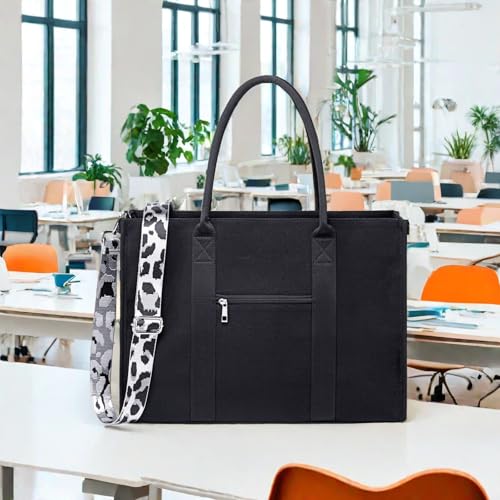 BTOOP Work Tote Bag for Women, Laptop Tote Bag With 15.6 Inch Padded Compartment, Teacher Nurse Bible Bags - color: Black-leopard Print