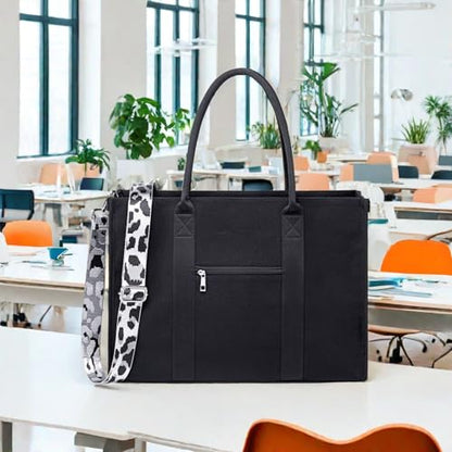 BTOOP Work Tote Bag for Women, Laptop Tote Bag With 15.6 Inch Padded Compartment, Teacher Nurse Bible Bags - color: Black-leopard Print