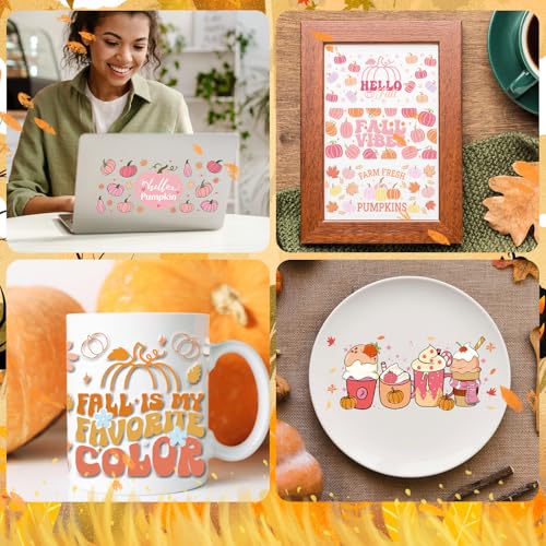 Rngmsi Fall UV DTF Stickers - 10 Sheets Pink Autumn UV DTF Cup Wraps for 16 oz Glass, Pumpkin Car Maple Leaf Drinking Rub on Transfer Stickers, Waterproof Uvdtf Decals for Water Bottle DIY Fall Crafts - style: Fall Pumpkin