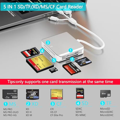 iPhone SD Card Reader, 5 in 1 SD/MS/TF/CF/XD Card Reader with Lightning+USB A+USB C, Memory Stick Pro Card Reader, Support OTG, Fast Data Transfer, Digital Camera Adapter for i-Phone/Android/PC - color: Slivery