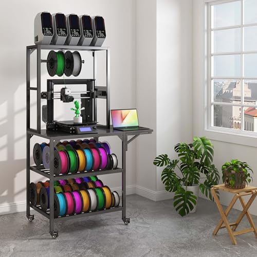 Heavy Duty 3D Printer Stand with Storage - Large Metal 3D Printer Table with Filament Storage for 54 Spools, Rolling 3D Printer Workbench with Locking Wheels & T-Shaped Spool Holder