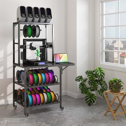 Heavy Duty 3D Printer Stand with Storage - Large Metal 3D Printer Table with Filament Storage for 54 Spools, Rolling 3D Printer Workbench with Locking Wheels & T-Shaped Spool Holder