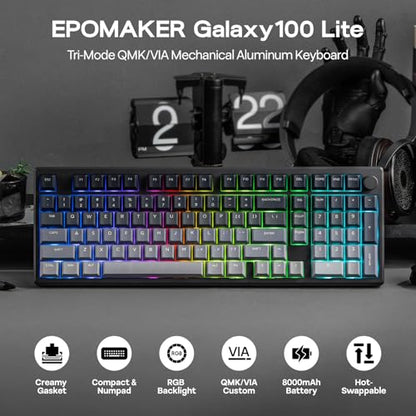EPOMAKER Galaxy100 Lite QMK/VIA Gaming Keyboard with 8000mAh Battery | 1800 Aluminum Mechanical Keyboard with Numpad, USB-C/BT/2.4Ghz, Hot-Swap, Creamy Sound (Black, Marble White Switch) - color: Black, size: Marble White Switch