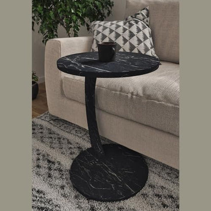 C Shaped End Table for Couch Small Places, Faux Marble Black Space Saver Round Side Table for Sofa and Bedside with Wheels, Coffee and Eating Snack Time Tray for Living Room, Office - color: Black