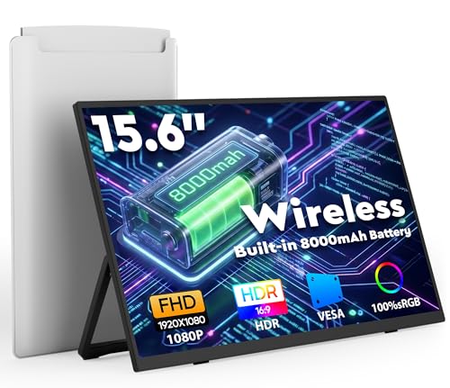 KEEPTIME Wireless Portable Monitor with Battery 8000mAh, 15.6" 1080P IPS Travel Monitor, Support AirPlay Miracast, with Stand/Bag, Second Screen for Laptop, PC, Phone - color: pitch-black
